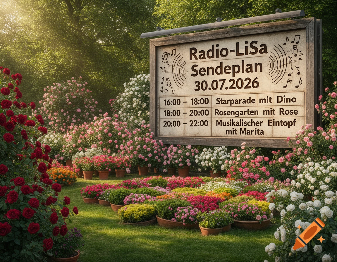 A sunny garden filled with blooming red, pink, white, and yellow roses. A wooden sign displays a Radio-LiSa broadcast schedule.