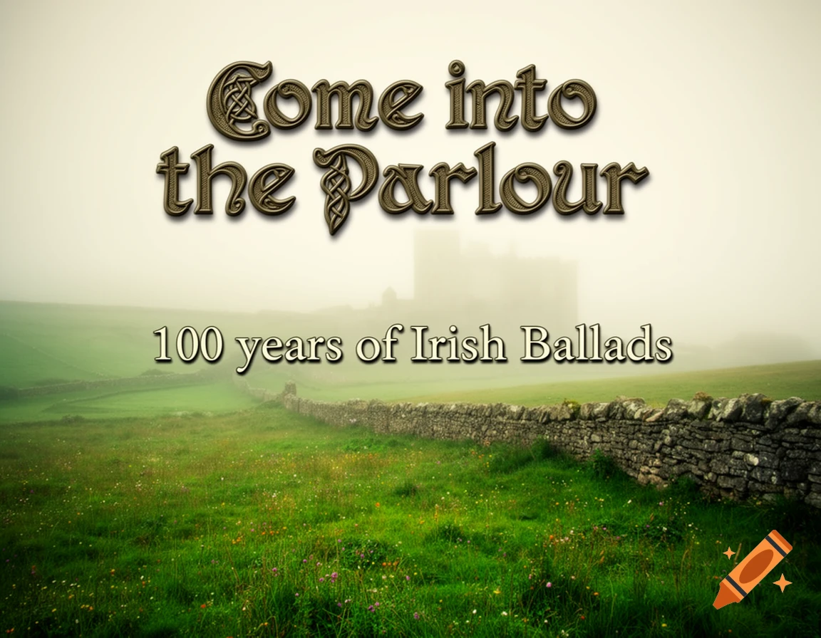 Misty Irish landscape with a stone wall, a distant castle, and text "Come into the Parlour" and "100 years of Irish Ballads".