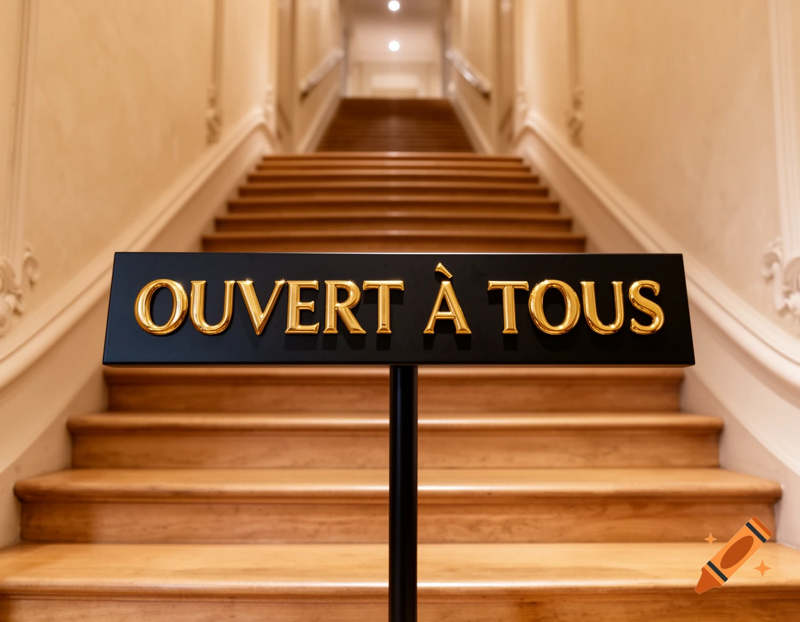 A black sign with gold text 'OUVERT \u00c0 TOUS' (Open to All) stands at the base of a grand wooden staircase.