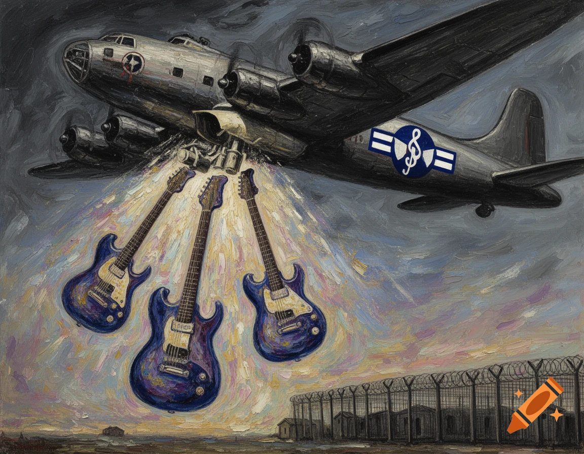 An expressionist painting of a B-17 bomber dropping electric guitars over a fenced prisoner camp, in an anti-war style.