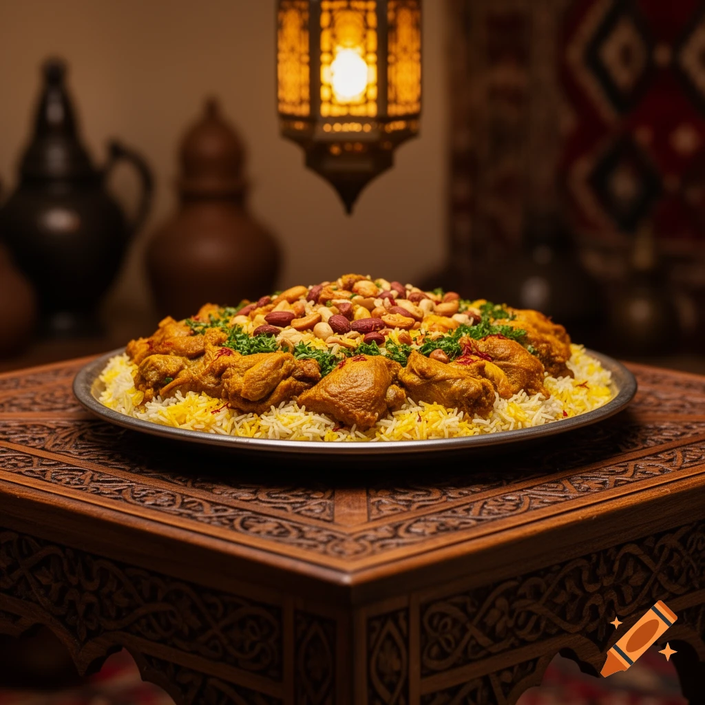 A large platter of Middle Eastern chicken and rice topped with nuts and herbs on an ornate wooden table under a warm lantern light.