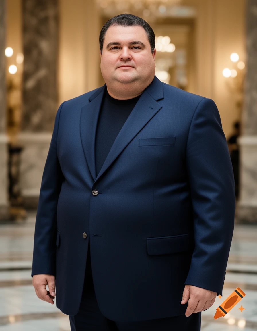 A portly man in a dark blue suit and black shirt stands in a well-lit formal hall, looking directly ahead.