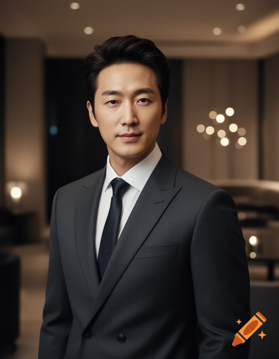 A professional-looking East Asian man in a dark grey suit and tie stands in an elegant, blurred indoor setting.