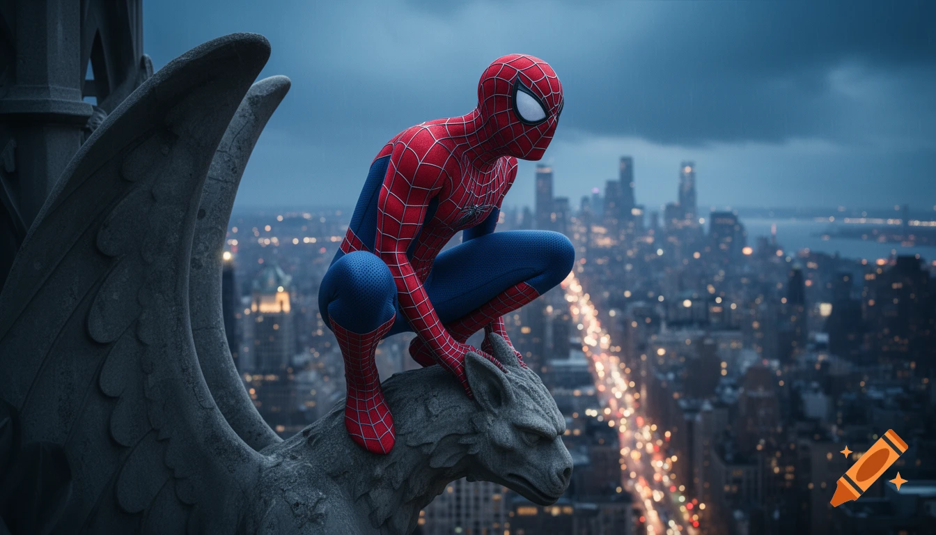 Photorealistic Spider-Man crouches on a stone gargoyle overlooking a rainy, glowing New York City skyline at dusk.