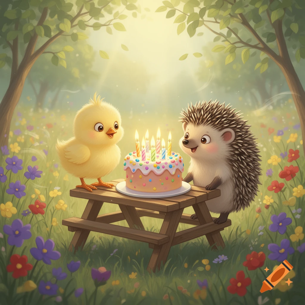 Cute cartoon chick and hedgehog with a birthday cake on a picnic table in a sunny, flower-filled meadow, illustration.