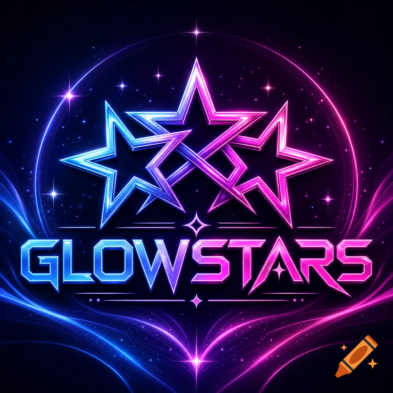 A vibrant neon logo with blue and magenta interlocking stars above the word GLOWSTARS, set on a dark, starry cosmic background.