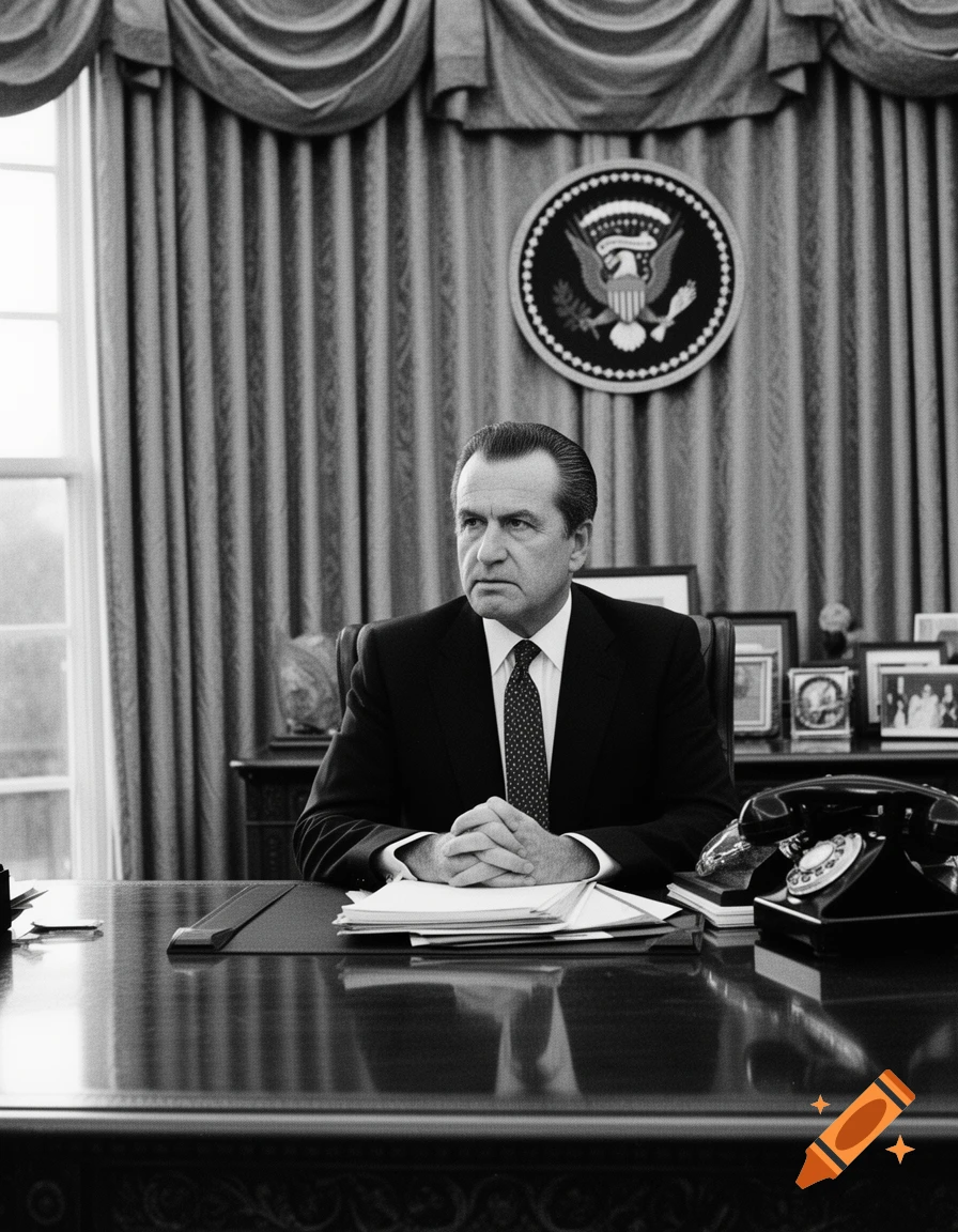 Black and white portrait of Richard Nixon sitting at his desk in the Oval Office, looking thoughtfully to the left.