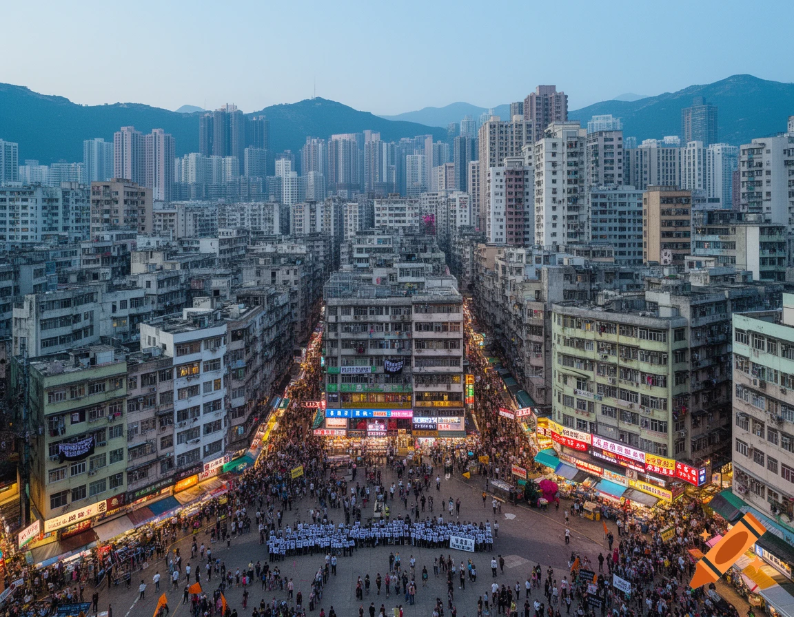 An aerial view of a densely packed street in Hong Kong, with towering residential buildings on either side and a large crowd gathered below. Market stalls with bright lights line the street, leading to more skyscrapers in the hazy distance.