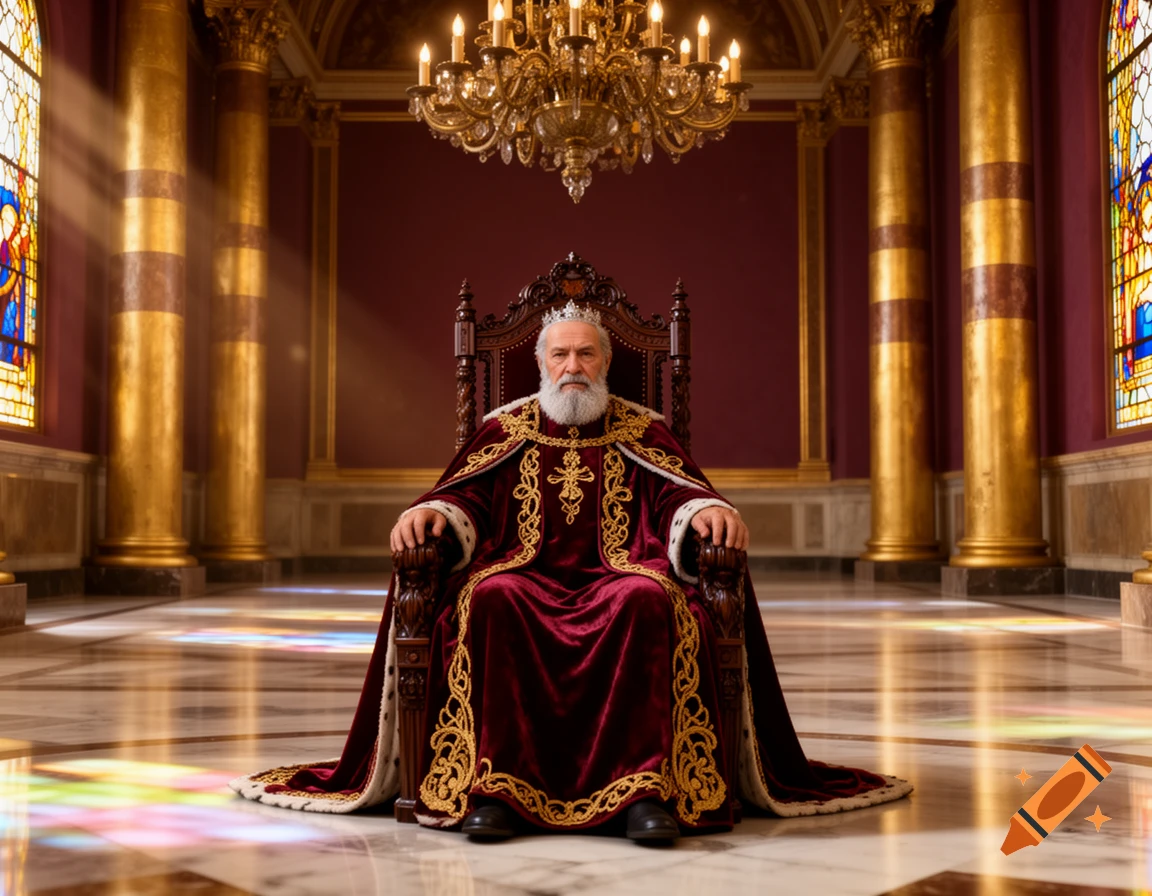 An elderly king with a white beard sits regally on a grand wooden throne in an opulent palace hall, illuminated by stained glass.
