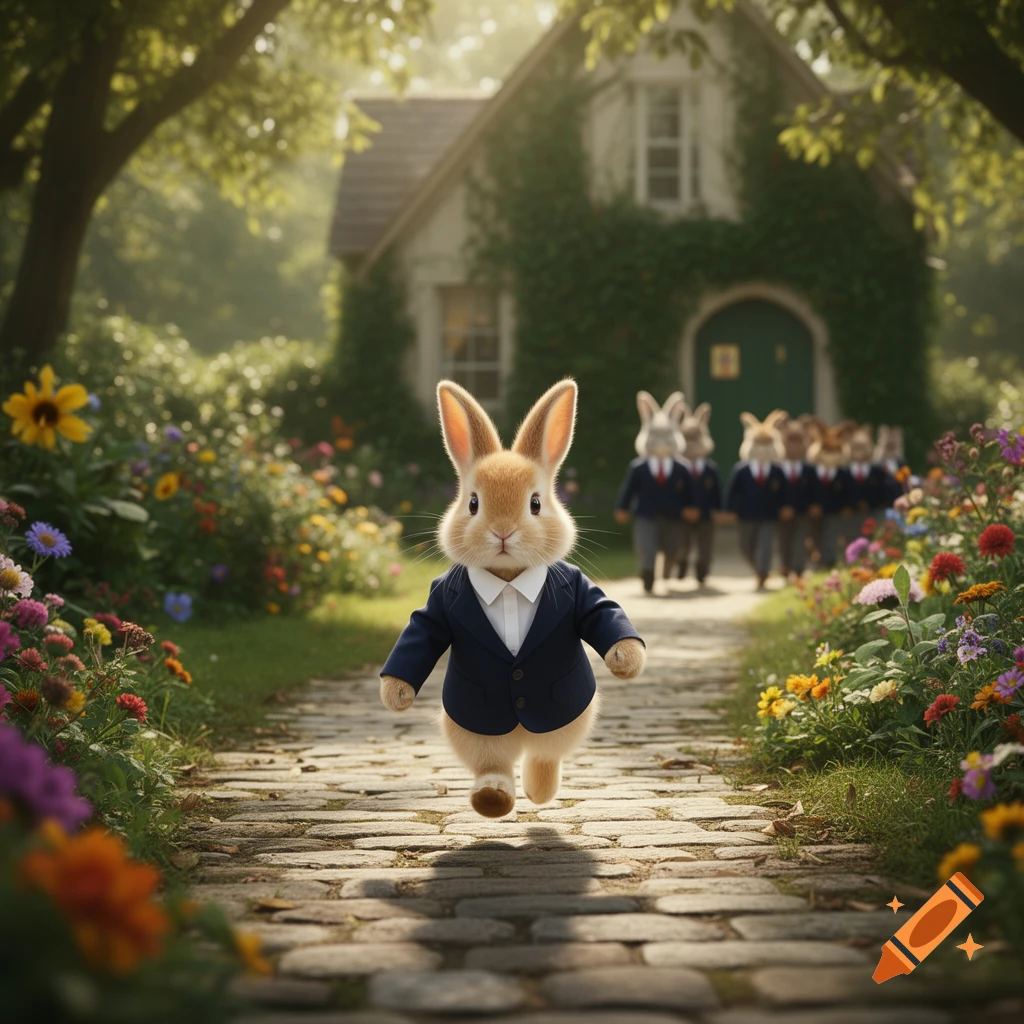 A cute, fluffy rabbit in a blue suit runs on a cobblestone path lined with flowers, with more rabbits and a house in the background.