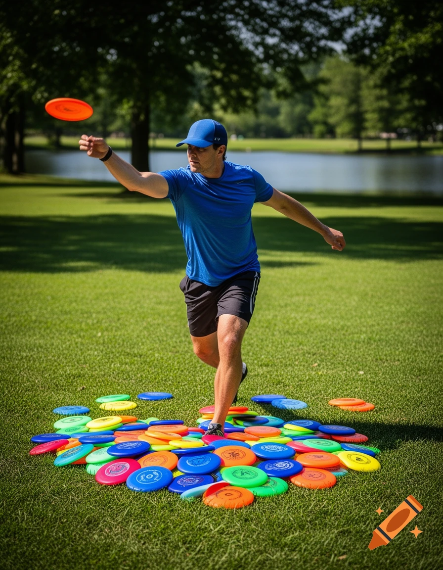 A man in a blue shirt throws an orange disc golf frisbee on a grassy field, surrounded by a pile of colorful discs, with trees and a lake in the background.