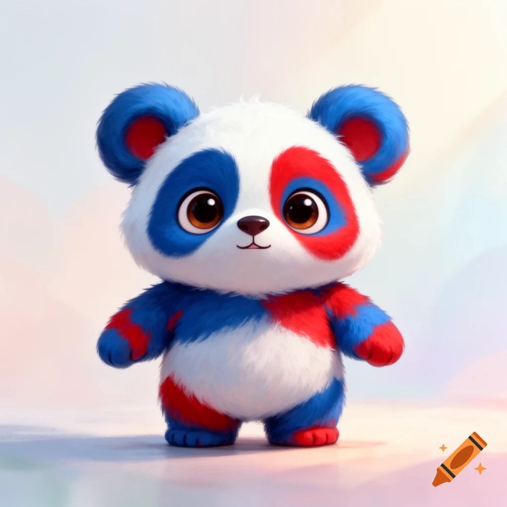 A cute, fluffy red, white, and blue panda-inspired creature with big brown eyes standing against a soft, light background.