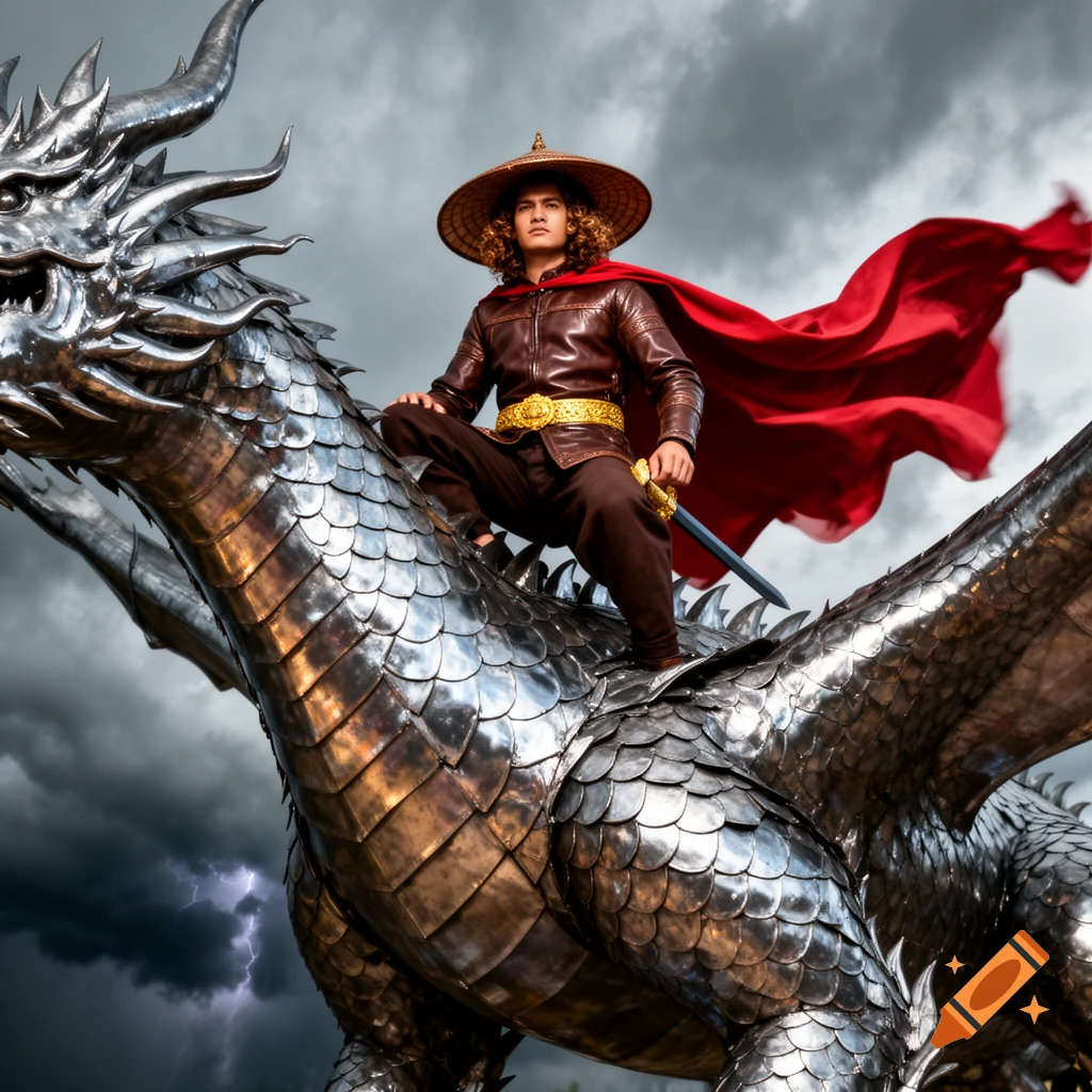 A warrior with curly hair, brown leather jacket, red cape, and a traditional straw hat, rides a magnificent silver metallic dragon against a stormy sky.