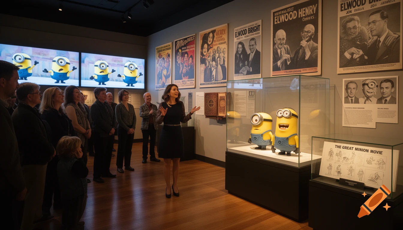 A tour guide in a museum speaks to a group, standing near Minion figures, film posters, and screens showing Minions.