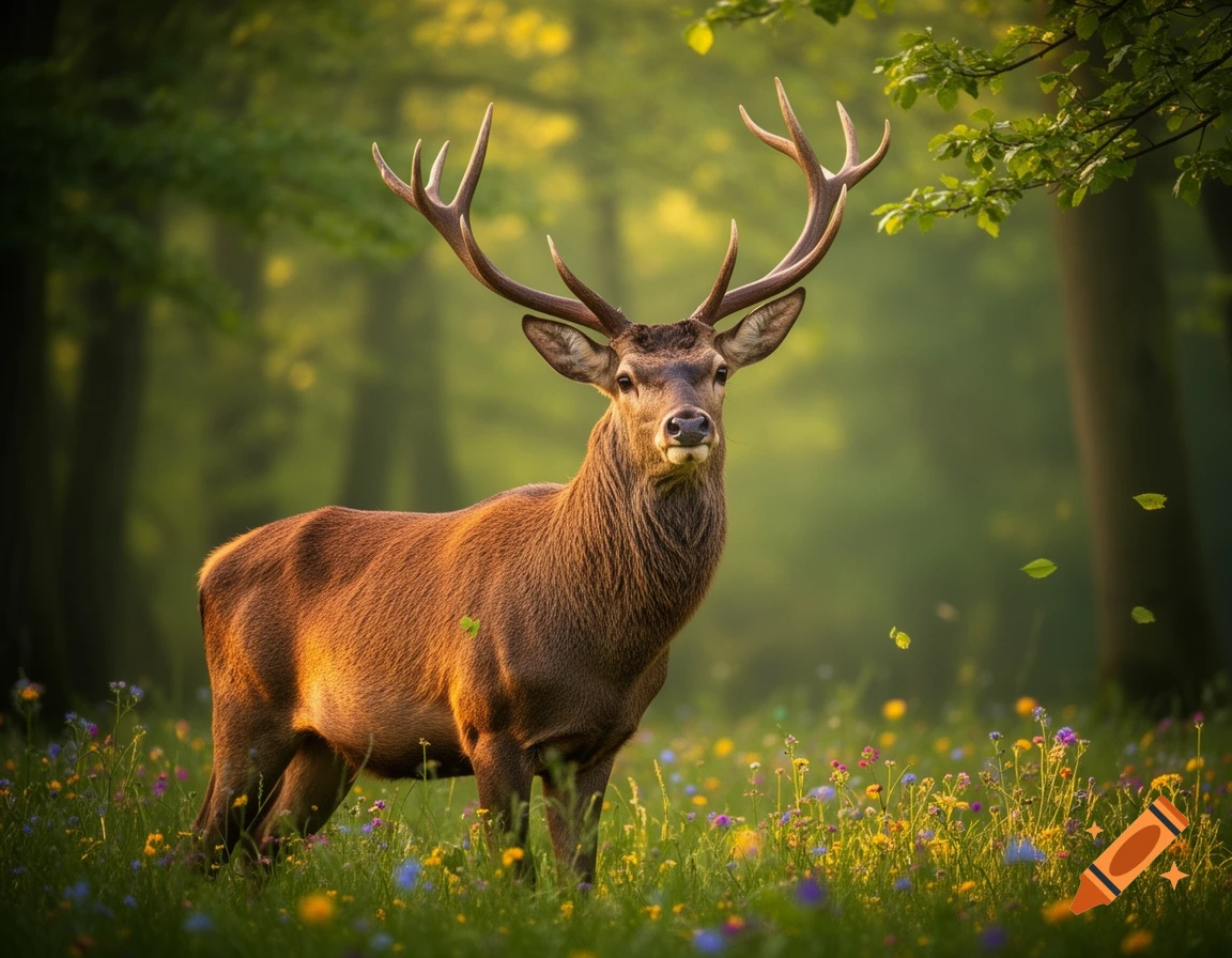 A majestic stag with large antlers stands alert in a sunlit forest clearing amidst colorful wildflowers.