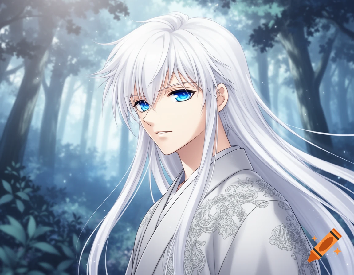 An anime boy with long white hair and bright blue eyes in a white kimono stands in a mystical forest.