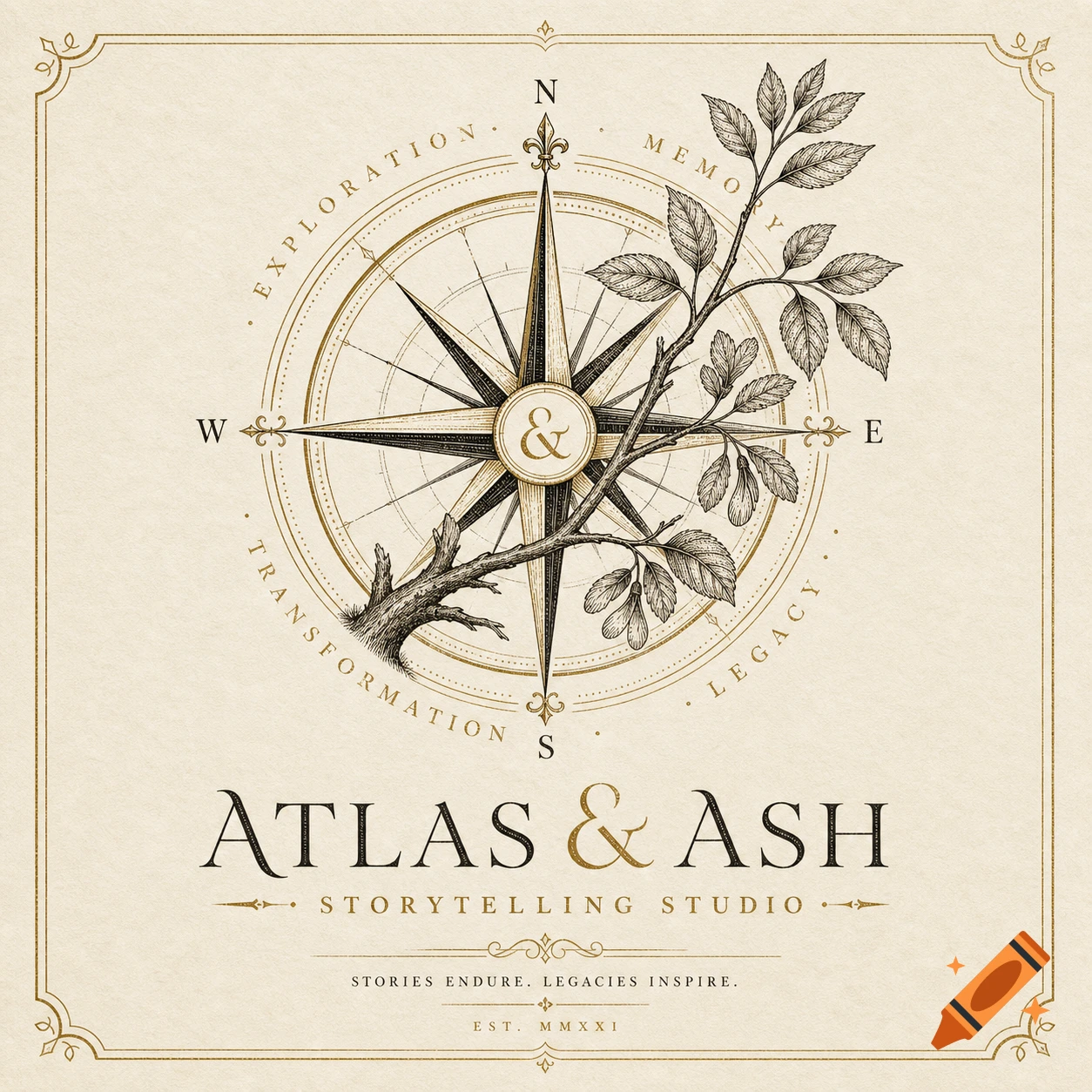 An elegant vintage-style logo featuring a compass rose intertwined with an ash tree branch, with text 'Atlas & Ash Storytelling Studio' and words like 'exploration' and 'legacy' in an engraved style.