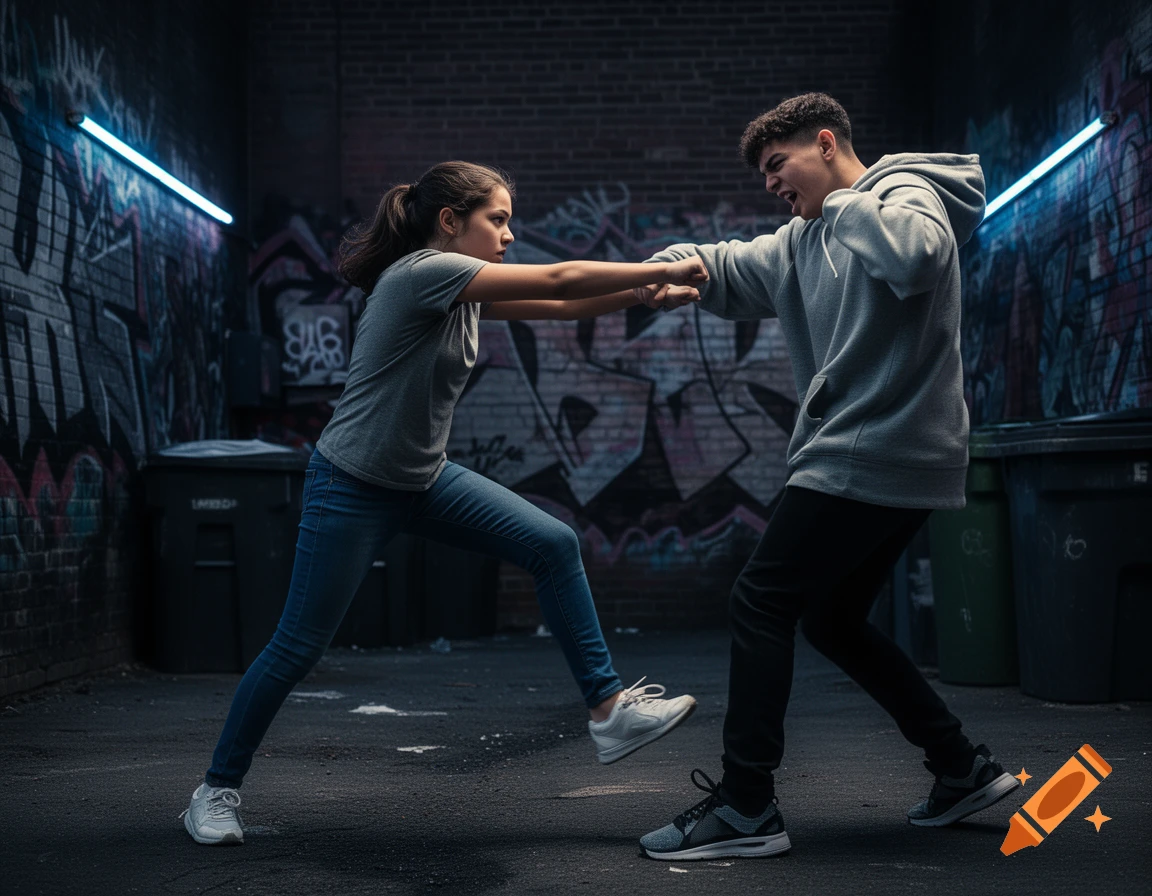 A girl pushing a boy in a dark alley with graffiti and blue neon lights.