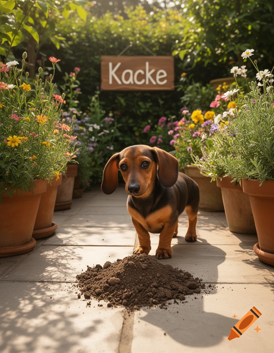 Photorealistic image of a dachshund puppy looking at a pile of dirt in a sunny garden with a sign reading 'Kacke' in the background.