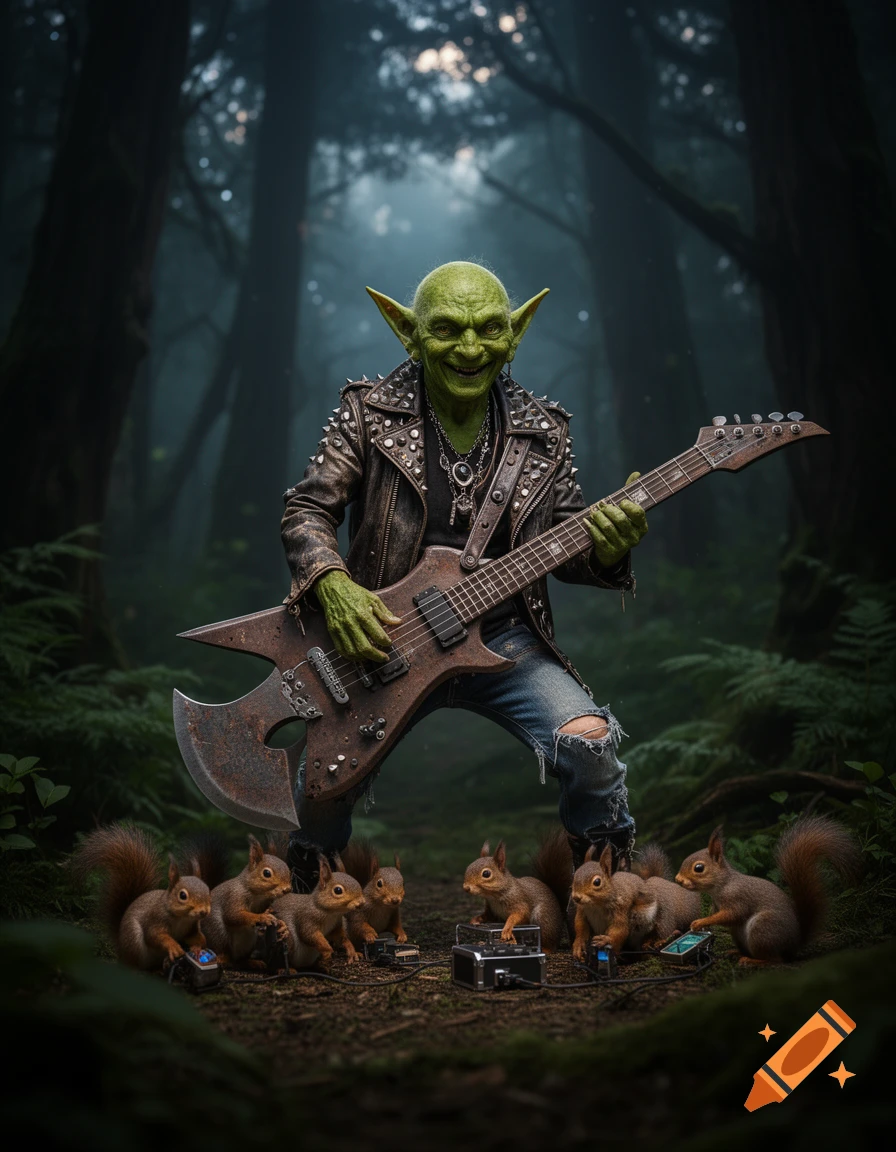 A green goblin in a studded leather jacket plays an axe-shaped guitar in a misty forest, surrounded by squirrels operating music equipment.