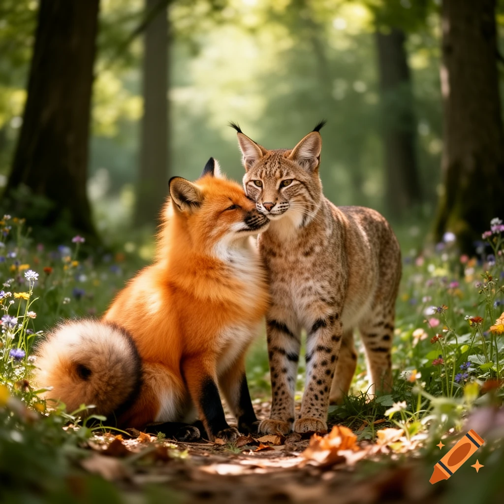 A photorealistic image of an orange fox nuzzling a spotted lynx in a lush forest with wildflowers.