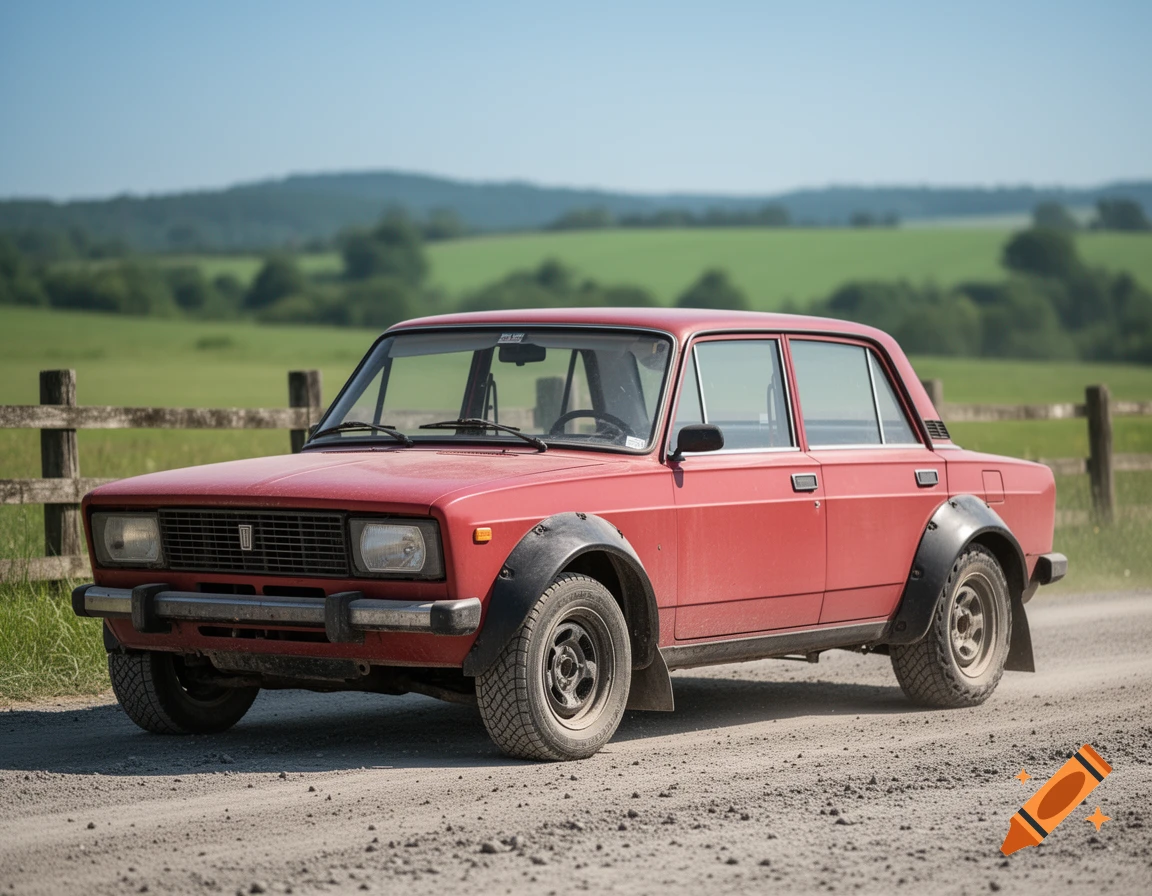 Red vintage rally car with black fender flares on a dirt road with green hills in the background.