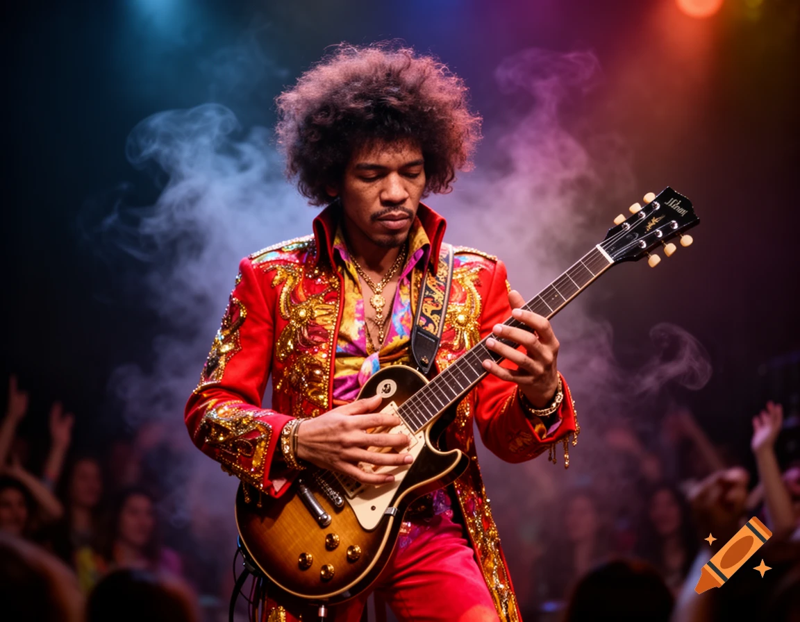 Jimi Hendrix performs on stage, playing a guitar, wearing a flamboyant red and gold jacket under colorful stage lights.
