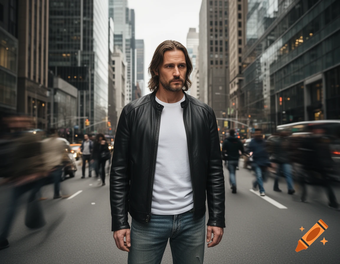 A man in a black leather jacket, white t-shirt, and jeans stands intently in a bustling city street with blurred motion.