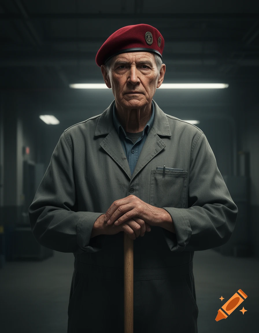 Photorealistic portrait of an older man in a red beret and grey jumpsuit, holding a wooden stick, in a dimly lit setting.