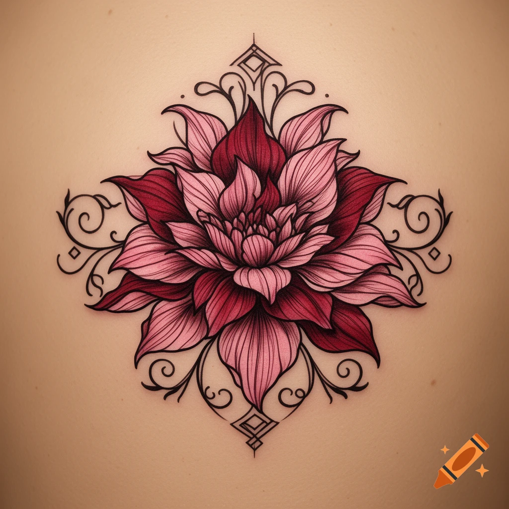 A stylized symmetrical tattoo design of a multi-petaled flower in shades of pink and red with black ornamental swirls on a light skin-toned background.