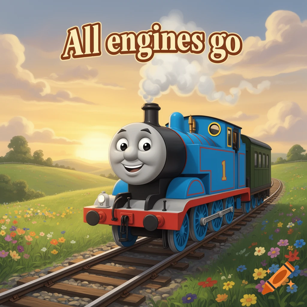 Thomas the Tank Engine on railroad tracks through a field of wildflowers at sunset with 'All engines go' text.
