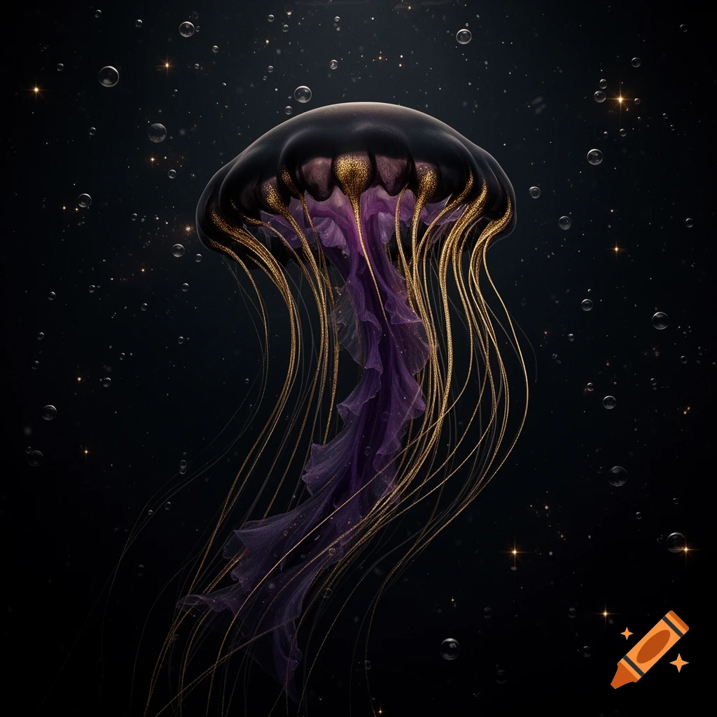 A mystical black jellyfish with shimmering gold and purple tendrils floats in a dark, star-filled ocean with bubbles.