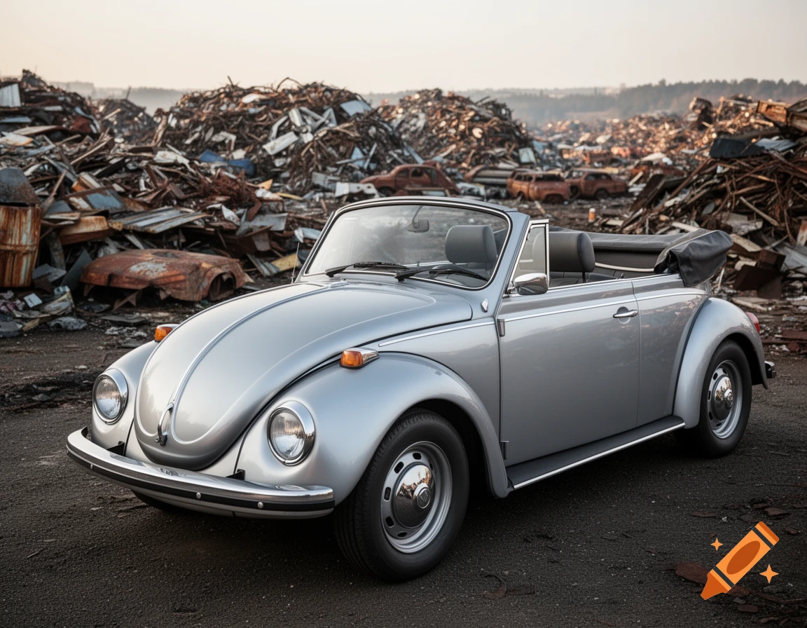 A silver Volkswagen Beetle convertible is parked on asphalt with a vast junkyard of scrap metal and rusted vehicles in the background.