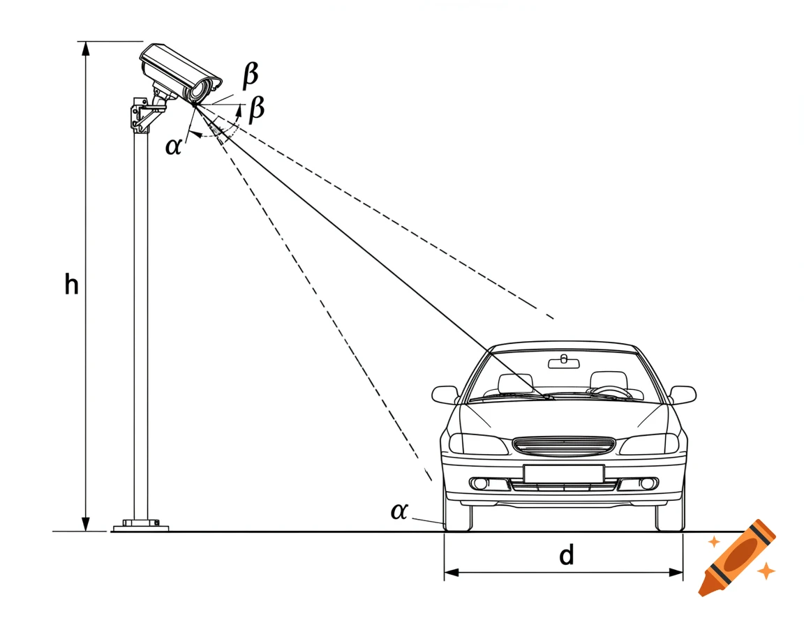 Black and white CAD-style line drawing of a surveillance camera on a pole overlooking a car, with labels 'h', 'd', 'α', and 'β'.