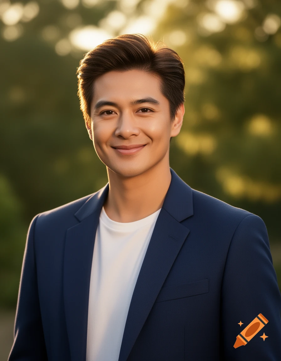 A smiling East Asian man in a dark blue blazer and white t-shirt, standing outdoors with a blurred green and golden background.