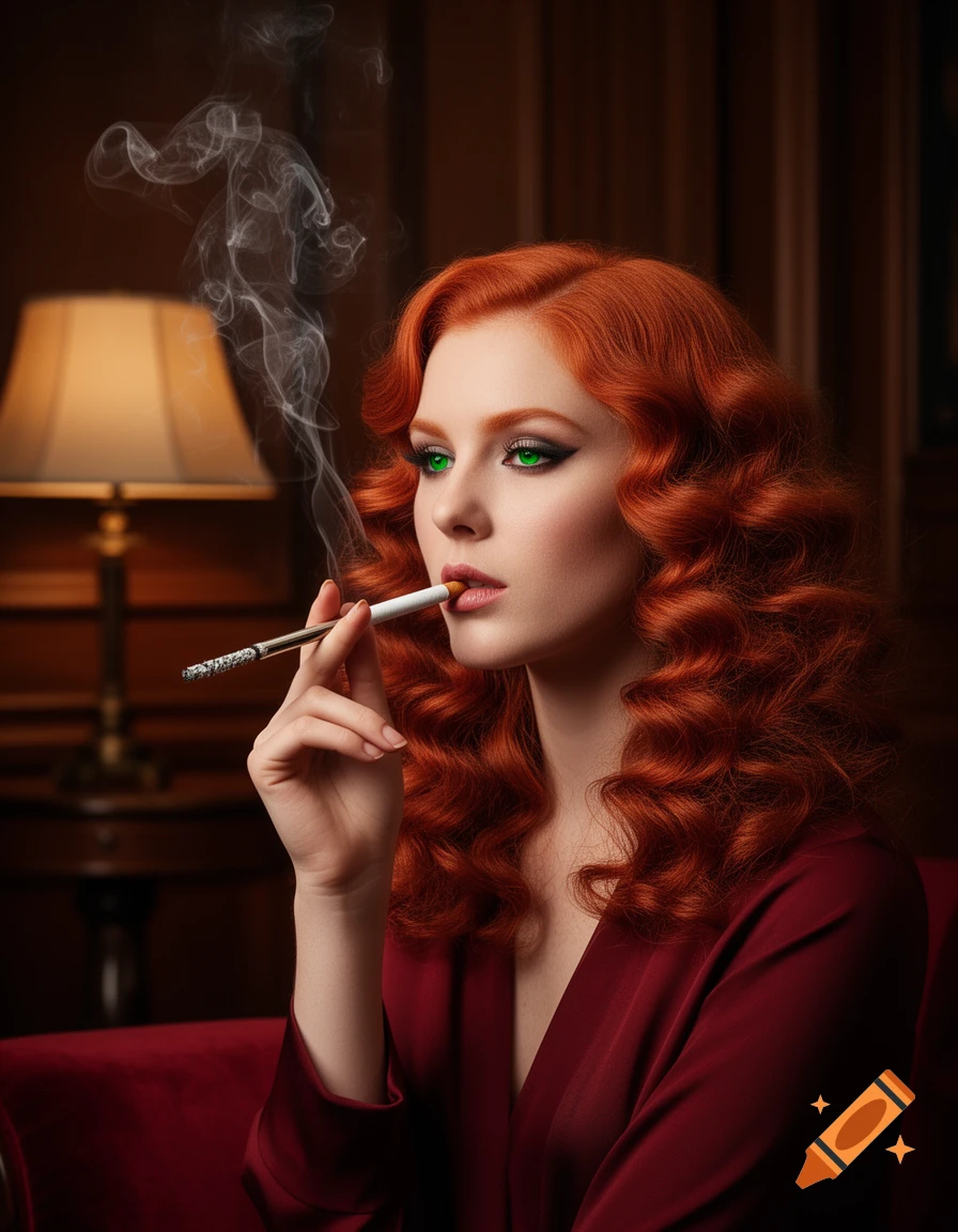 Photorealistic portrait of a red-haired woman with green eyes, smoking a cigarette in a dimly lit room.