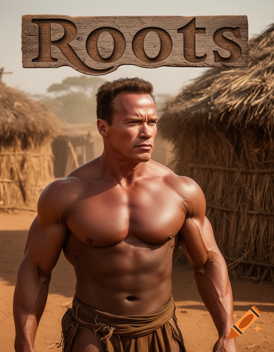 Muscular Arnold Schwarzenegger, shirtless in a loincloth, stands in a village with thatched huts. A wooden sign above reads "Roots".