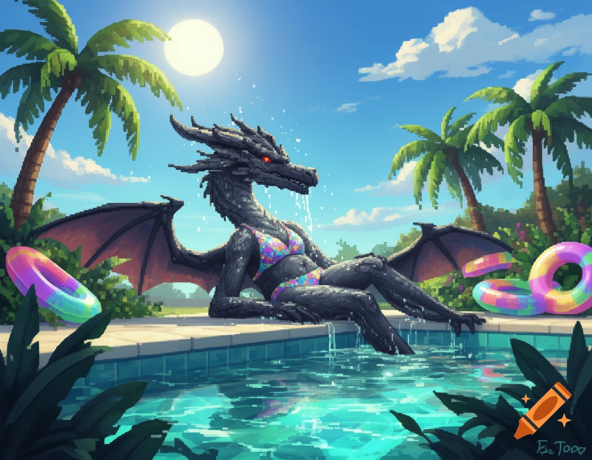 A black pixel art dragon in a colorful bikini splashes water while sitting by a pool in a sunny tropical scene with palm trees.