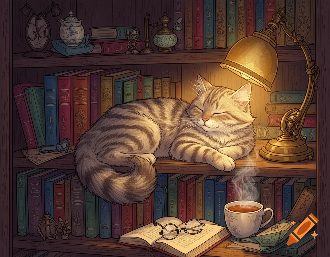 A tabby cat sleeps curled up on a warm bookshelf next to a lamp, an open book, and a steaming cup of tea.