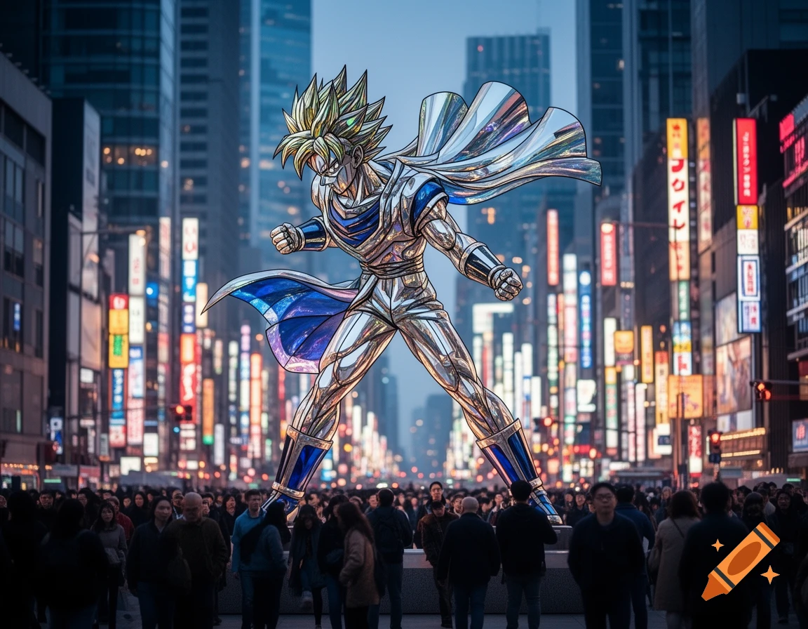 A giant metallic anime-style character resembling Super Saiyan Goku stands in the middle of a bustling city street at night, surrounded by tall buildings and neon signs. People walk below.