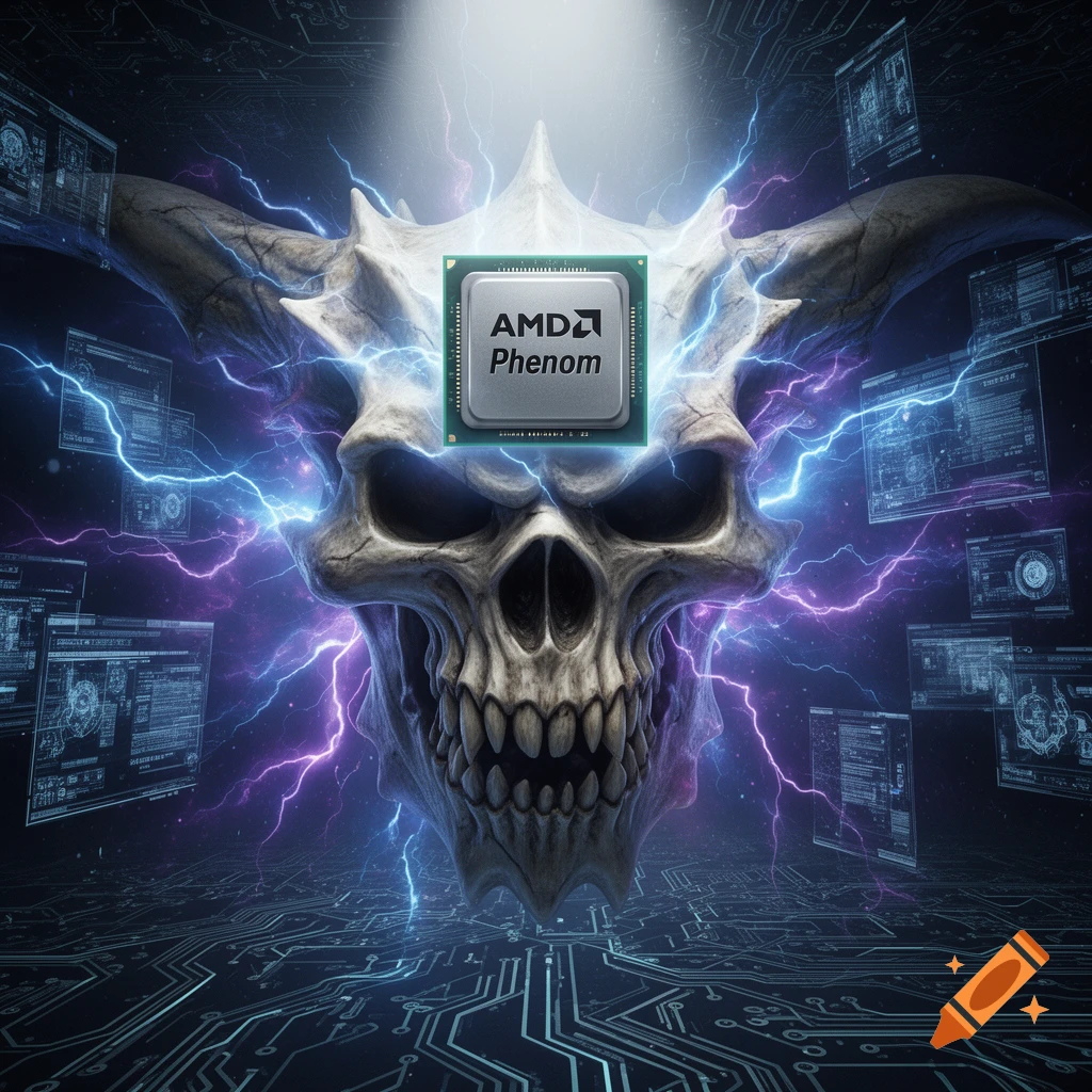 A powerful horned skull with an AMD Phenom CPU glowing on its forehead, surrounded by blue and purple lightning and futuristic circuit boards.