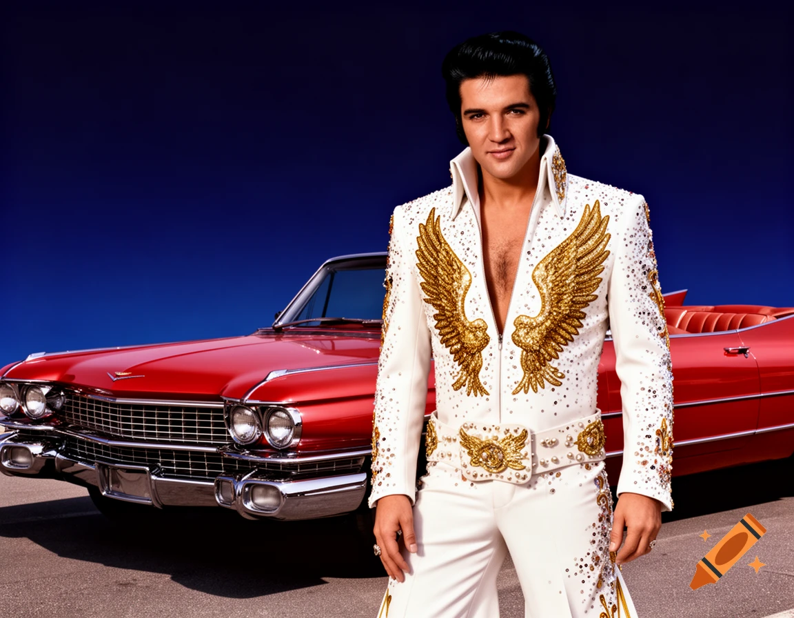 Elvis Presley in a white, gold-embellished jumpsuit stands in front of a red Cadillac under a deep blue sky.