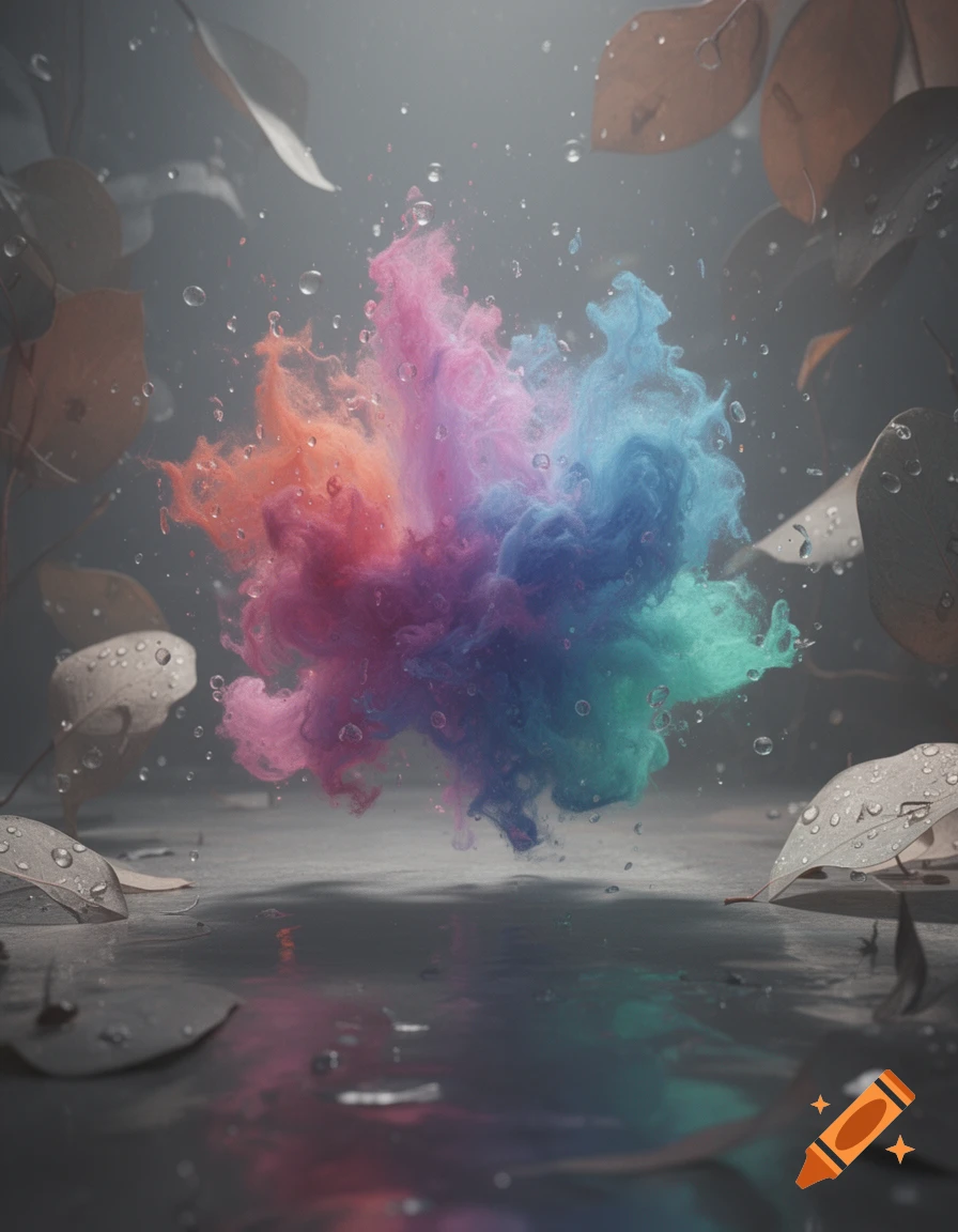 A vibrant, multicolored explosion of pink, orange, purple, blue, and green in water, surrounded by droplets and wet leaves.