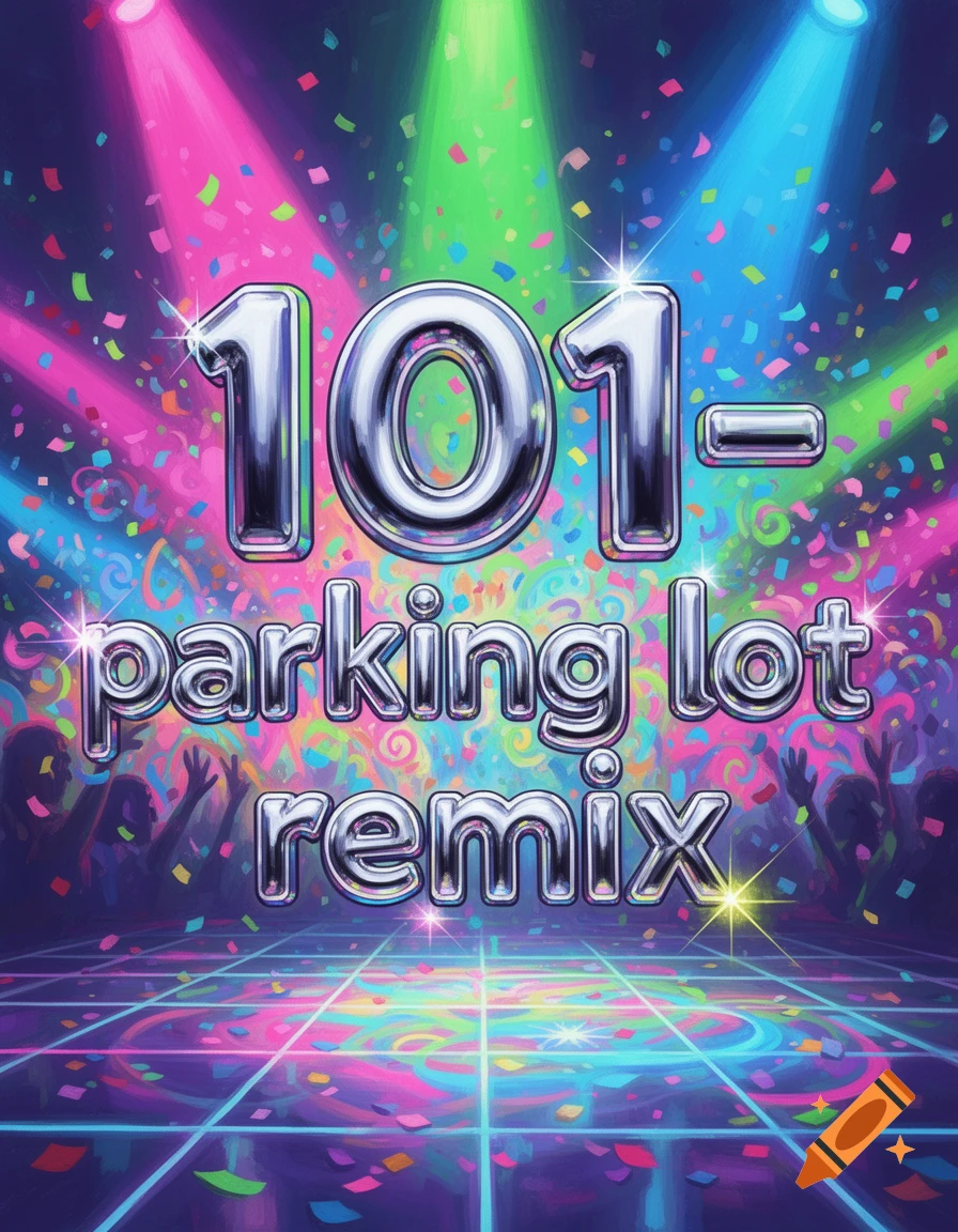 Silver text '101- parking lot remix' over a vibrant party scene with colorful confetti, spotlights, and dancing silhouettes.