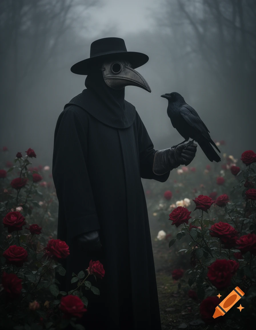 A solemn plague doctor in a black hat and coat holds a raven in a misty rose garden.