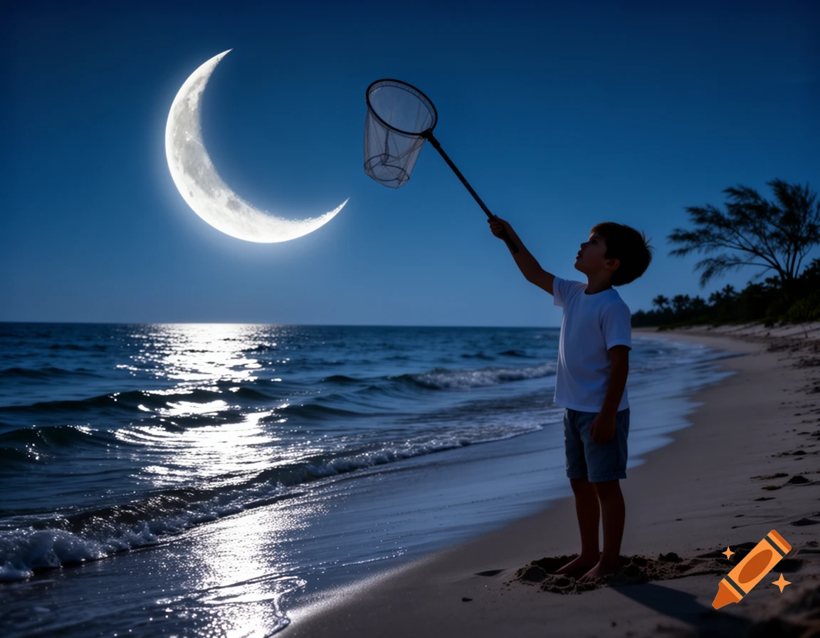 A boy on a moonlit beach at night holds a net, reaching towards a large crescent moon reflected on the ocean.