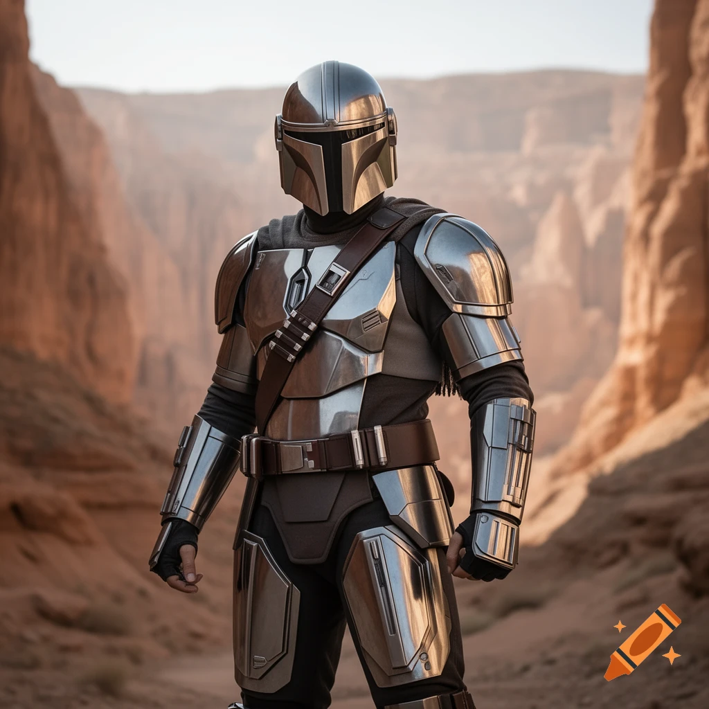 Photorealistic image of a Mandalorian character in sleek beskar armor standing in a desert canyon.