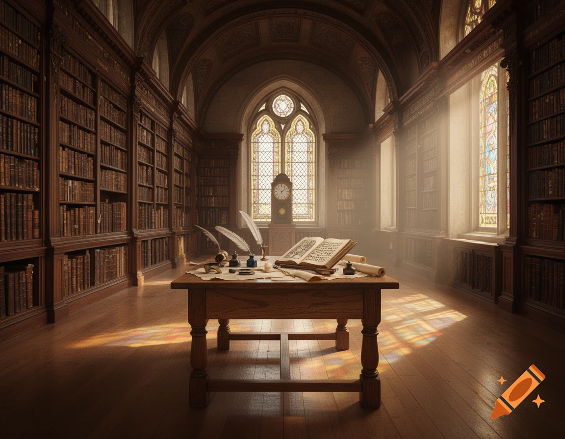 A grand old library hall with tall wooden bookshelves, stained glass windows, and a sunlit wooden table with an open book and quill pens.