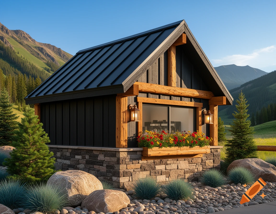 Photorealistic alpine chalet with a black roof, timber, and stone base. Lush mountain landscape with rocks, flowers, and trees under a blue sky.