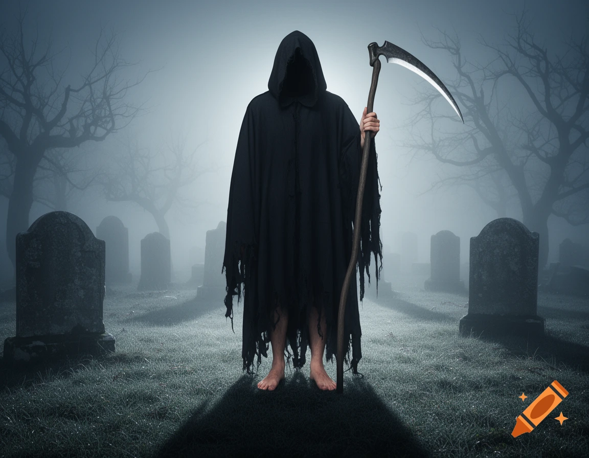 A Grim Reaper in a dark hooded cloak stands barefoot in a foggy graveyard, holding a scythe.